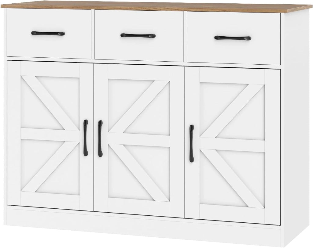 Credenza 3 ante e 3 cassetti, credenza con ripiani interni regolabili, kit antiribaltamento, stile fienile, 108 x 38 x 81 cm, armadio portaoggetti per cucina, sala da pranzo