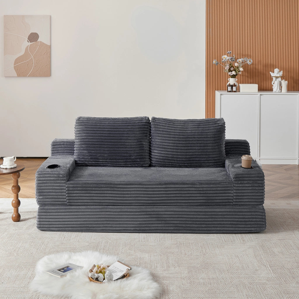 Divano letto 2 in 1 con portabevande in velluto a coste grigio