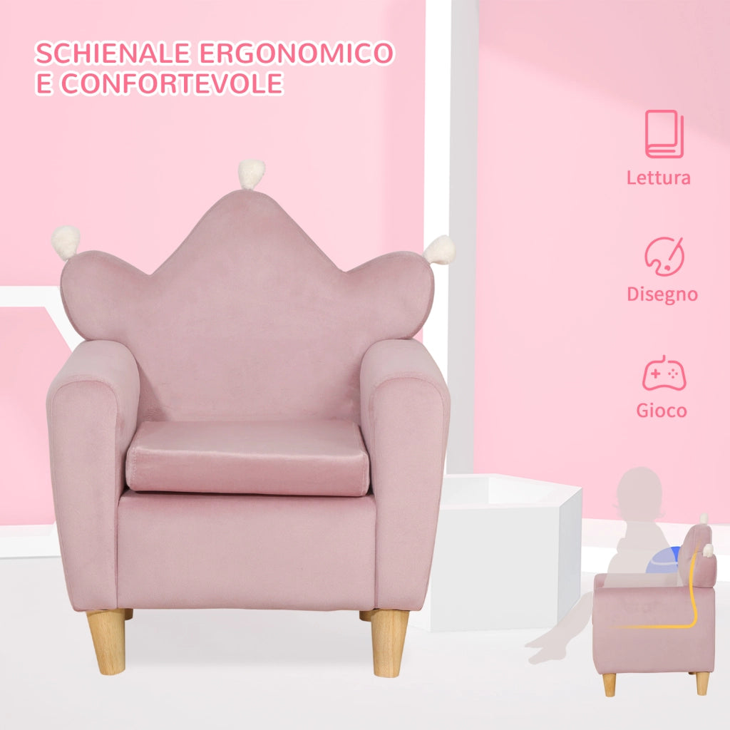 Poltrona Bambini in Velluto Rosa con Schienale a Corona ¨C zephmum ¨C 50x42x58 cm