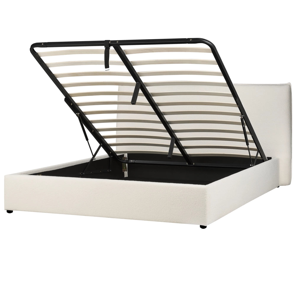 Letto con rivestimento in bouclé bianco sporco UE King Size 160x200cm Grande testata classica contenitore Doghe in legno