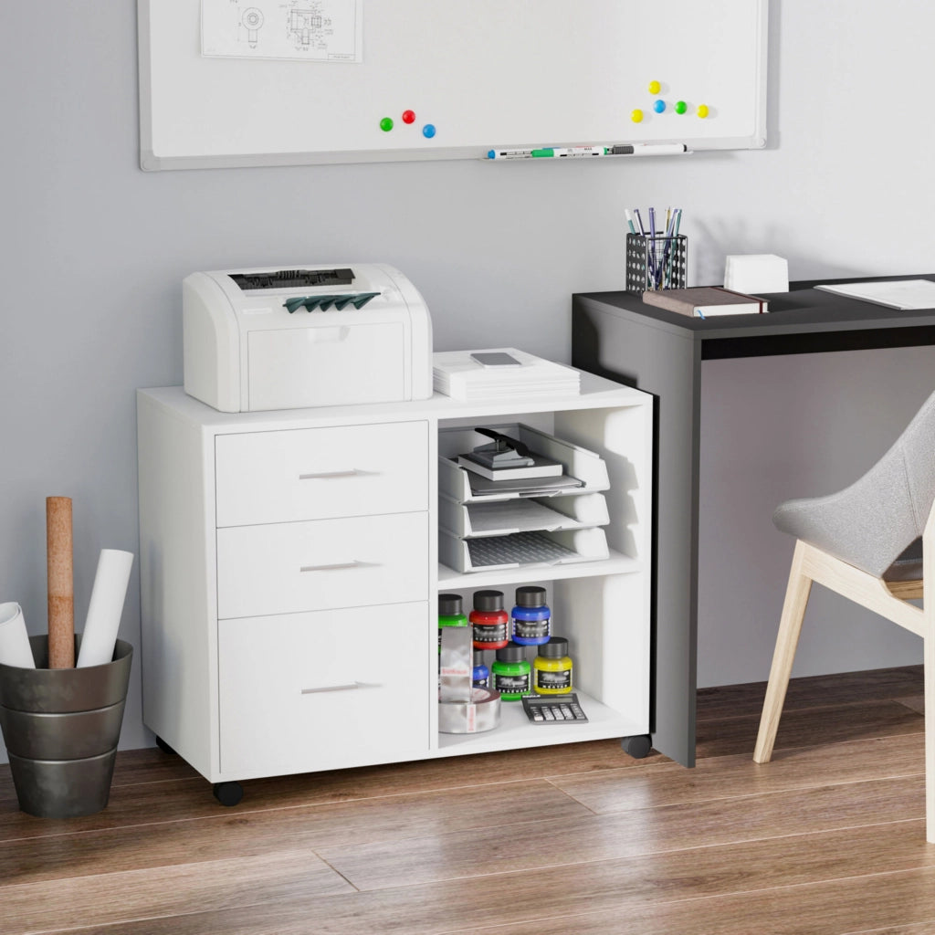 EasyComfort Mobile Porta Stampante con 3 Cassetti in Legno, Mobile Ufficio Multiuso con 4 Ruote e Ripiani Aperti, 80x40x65cm, Bianco