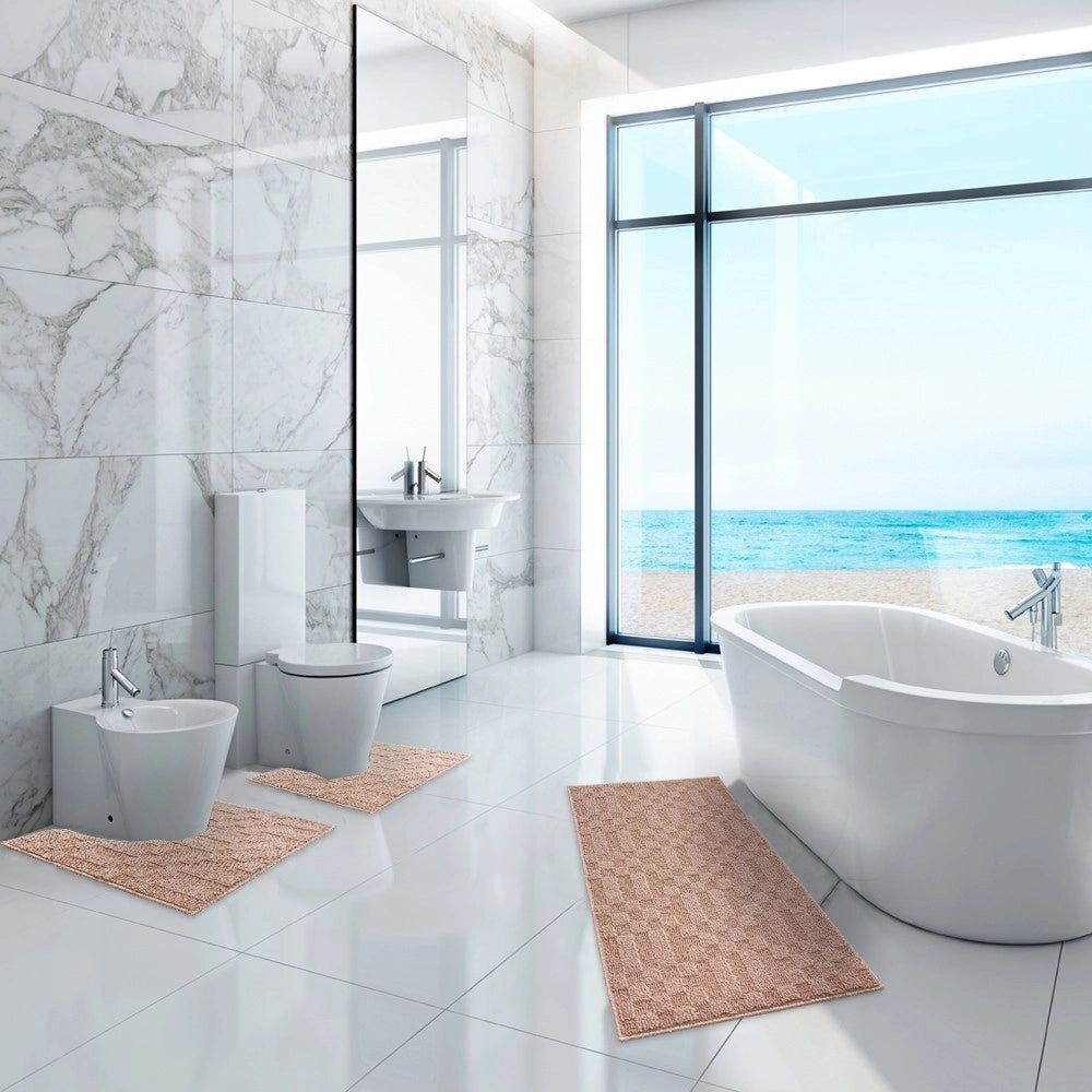 Tappeto Bagno 3D Morbido Assorbente Antiscivolo Lavabile Scendiletto Camera Set 3 Pezzi Salmone