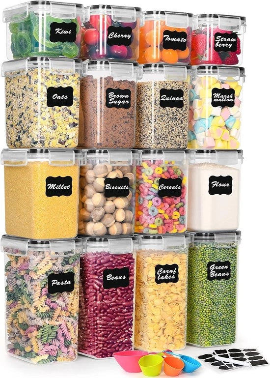 Set di conservazione aereostatica 16 pezzi, scatola di conservazione con coperchio in plastica, cassa di conservazione per cucina, magazzino e organizzazione per farina, zucchero, muesli, cornflakes, Resistente al lavastoviglie