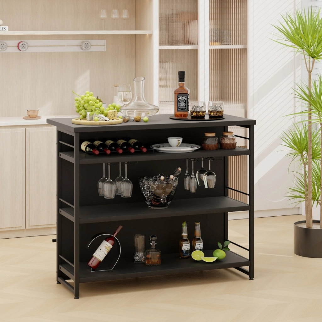 Isola cucina stile industriale con 3 ripiani aperti portabottiglie e porta calici-Mobile bar con poggiapiedi Nero