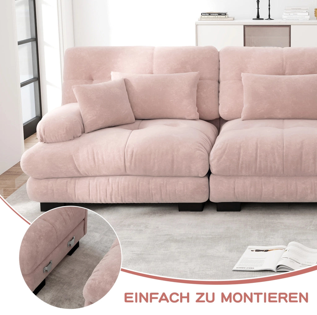 Divano modulare in chenille rosa con ottomans e cuscini