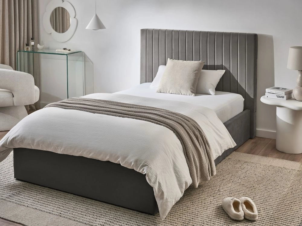 Letto matrimoniale con contenitore velluto grigio 120 x 200 cm Testata imbottita