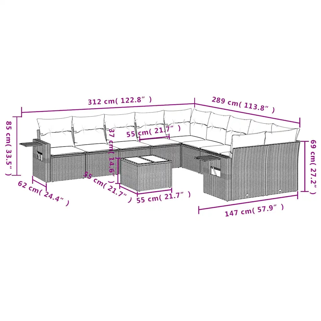 Set Divani da Giardino 11 pz con Cuscini in Polyrattan Grigio