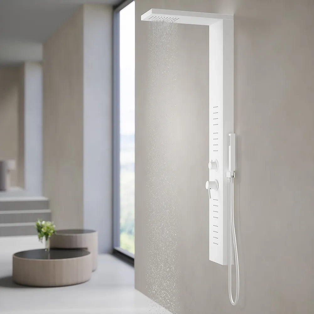 Pannello doccia squadrato in alluminio bianco opaco con doccino, 4 getti e 3 funzioni |  Bormio