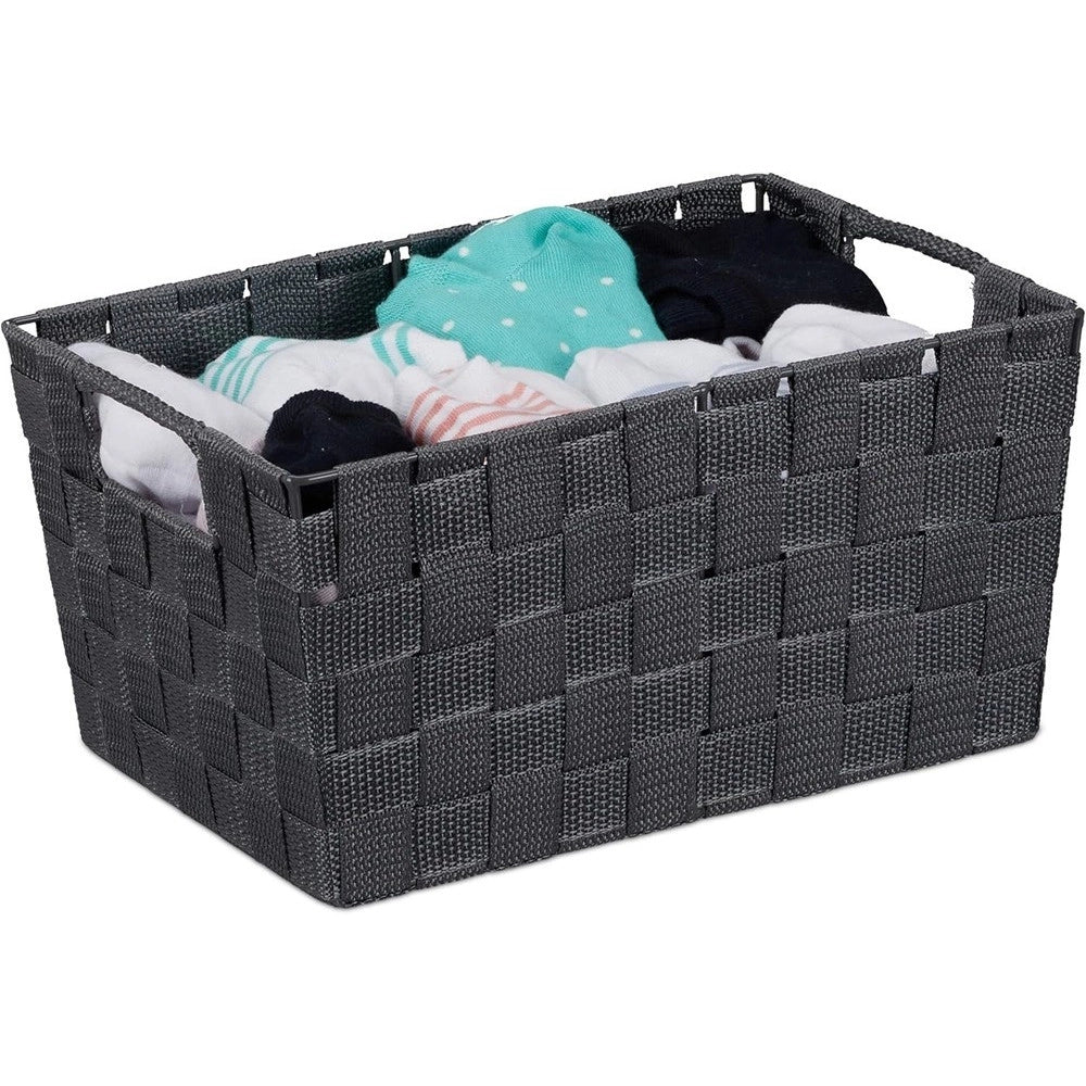 Trade Shop - Portaoggetti Cesto In Tessuto Intrecciato 38x26x13cm Maniglie Grigio Scuro 79032 -