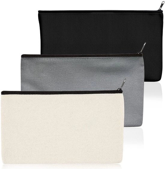 Pacchetto di 3 borse in tela di canapa con cerniera, tazze da viaggio, contenitore in tessuto, borse per cosmetici con cerniera, 21 x 12 cm (nero + grigio + beige)