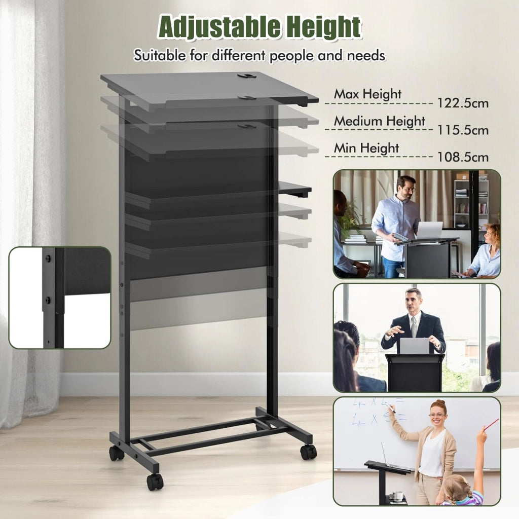 Leggio con rotelle per computer portatile con regolazione in altezza e ripiani, per aule, discorsi, nero, 60 x 39,5 x 122,5/115,5/108,5 cm