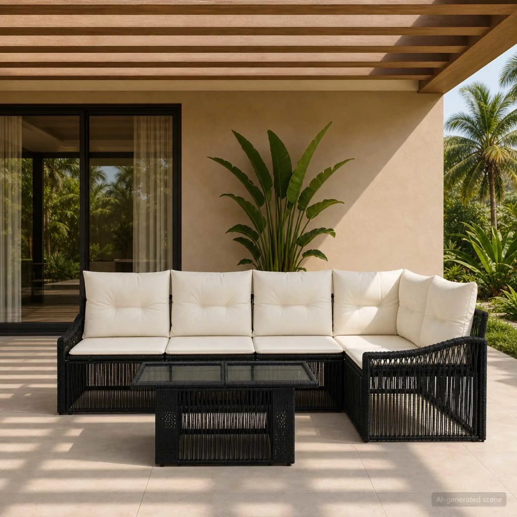 Set Divano da Giardino 6 pz Nero e Bianco Crema polyrattan 3437248