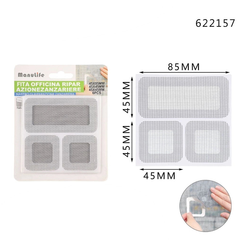 Trade Shop - Set 6 Toppe Adesive Rete Grigia Riparazione Fori Strappi Zanzariere 45x85mm/45x45mm 622157 -