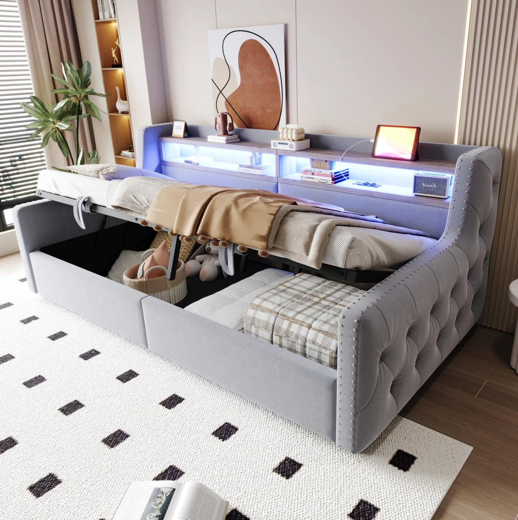 Divano letto imbottito 90x200 cm con LED e vano contenitore