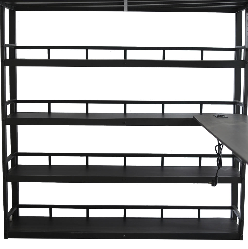Letto a castello 140x200 cm con ripiani; grande spazio e presa di ricarica in ferro nero