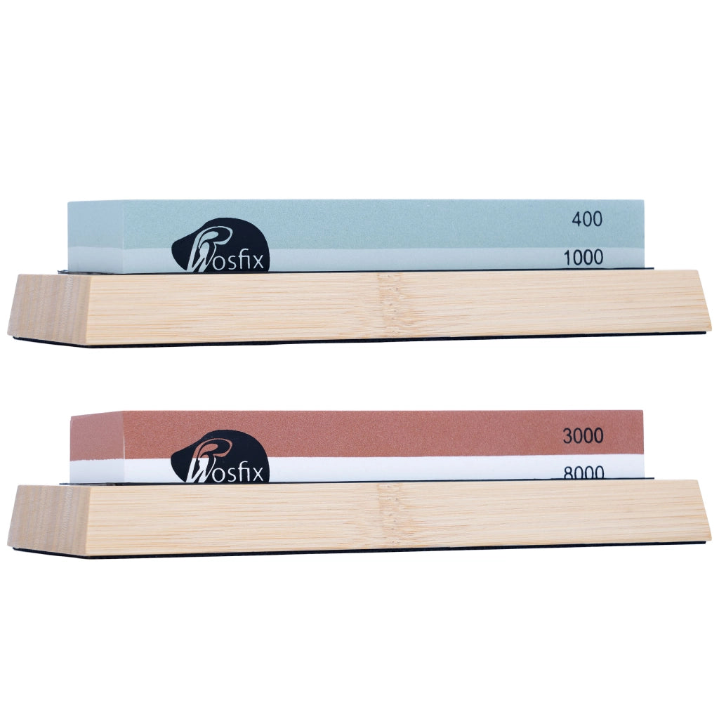 Set di Pietre per Affilare Rosfix – 400/1000/3000/8000 Grit | Base Antiscivolo, Guida Angolare, Supporto in Bambù