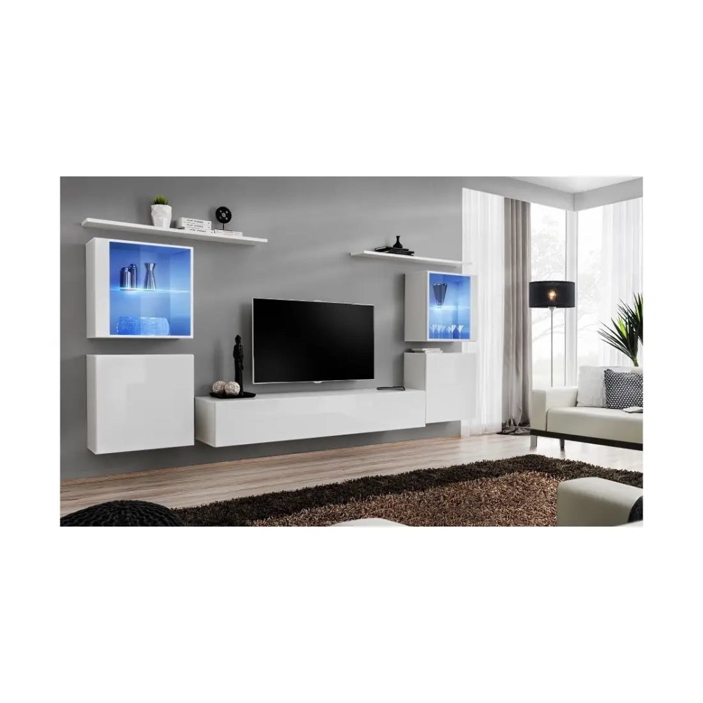 Set di mobili sospesi design per soggiorno collezione SWITCH XIV, colore bianco lucido.