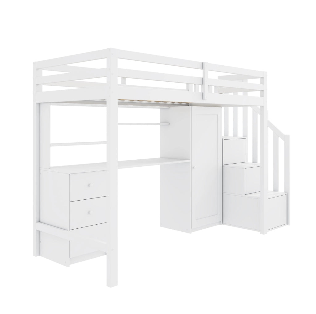 Letto a castello con scrivania e armadio; scala; 90x200 cm; bianco