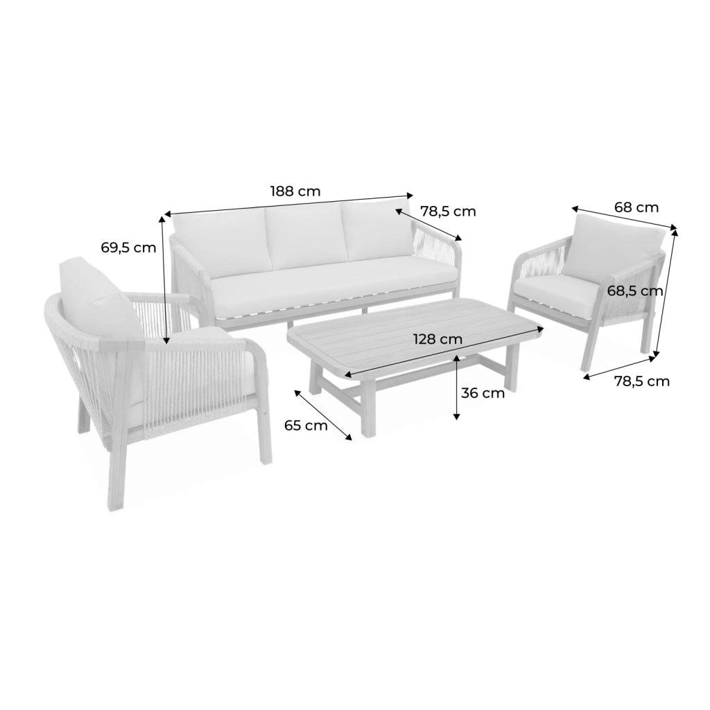 Salotto da giardino in legno e corda, 5 posti, beige