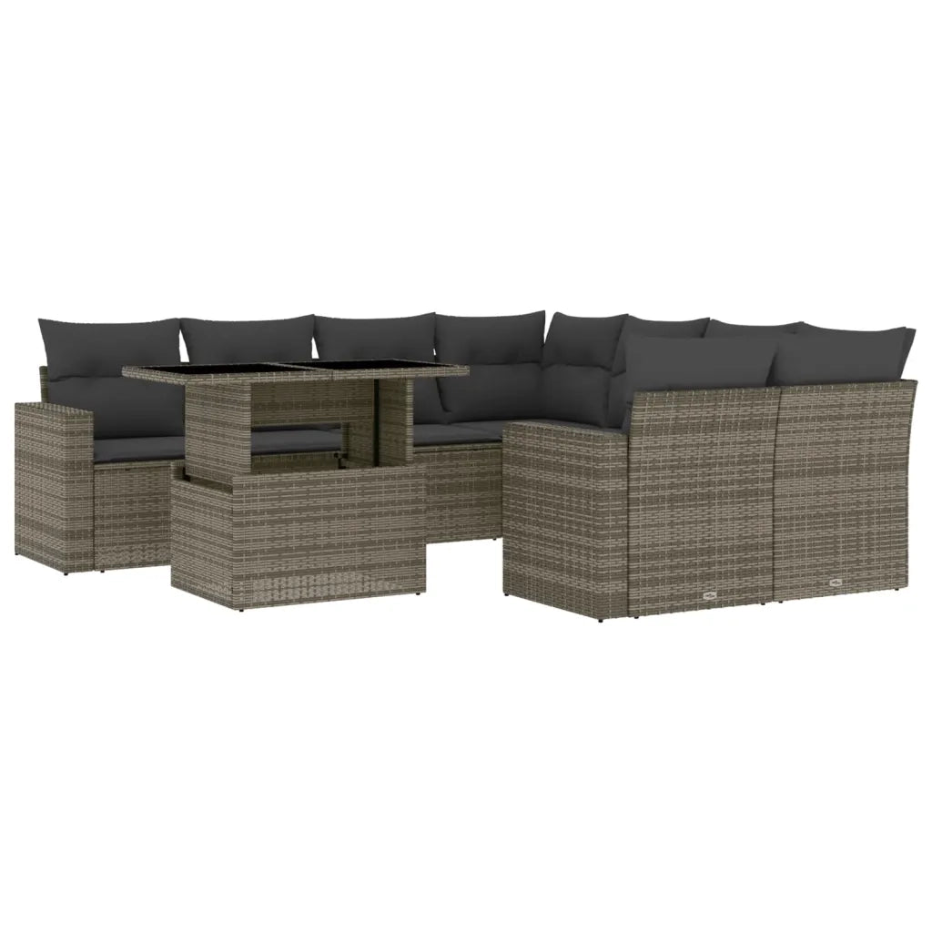 Set Divano da Giardino 9 pz con Cuscini Grigio in Polyrattan