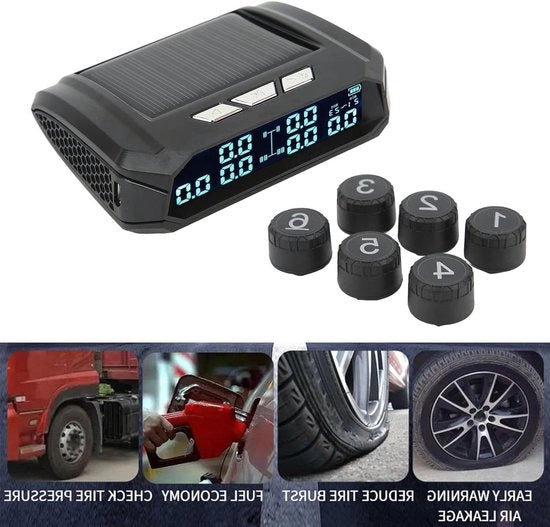 Sistema di controllo della pressione dei pneumatici a batteria solare con 6 sensori esterni e schermo LCD - Pressione in tempo reale e allarme - Monitor di sicurezza automatico per RV.