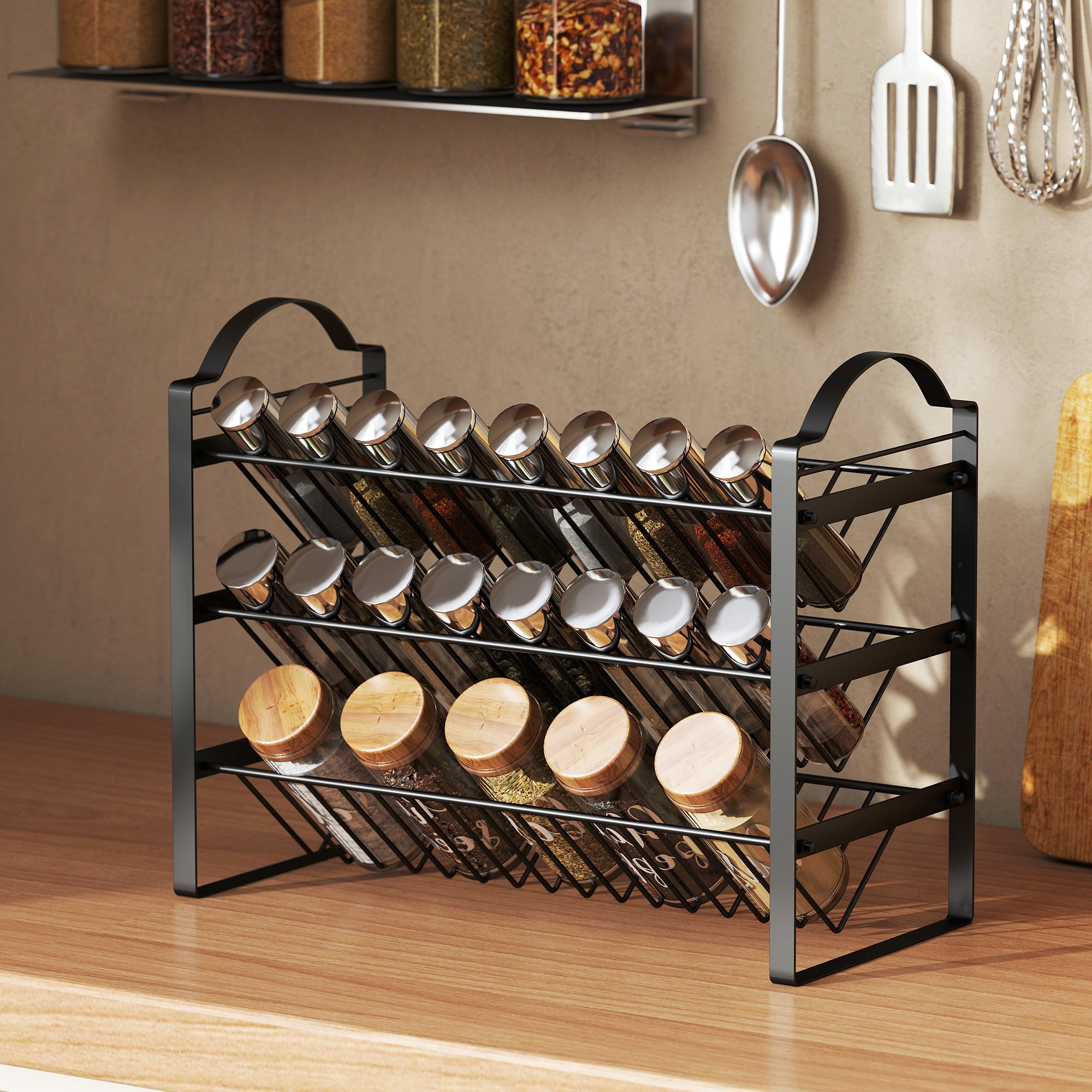 Portaspezie da Cucina a 3 Livelli 39,5x18x33 cm con Ripiani Inclinati in Metallo Nero