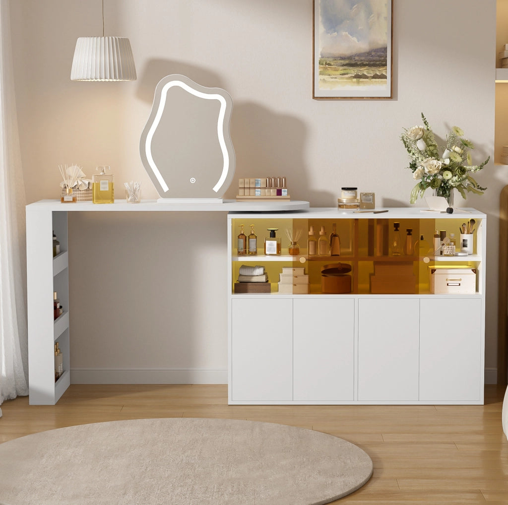 Toeletta girevole a L con specchio LED dimmerabile e contenitore, bianca 177×40×131,5 cm