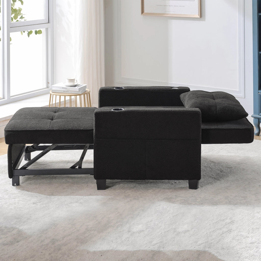 Fauteuil convertibile 3 in 1 con schienale regolabile, porta bicchieri, porta USB e tasca laterale nero 74 × 87 × 84 cm