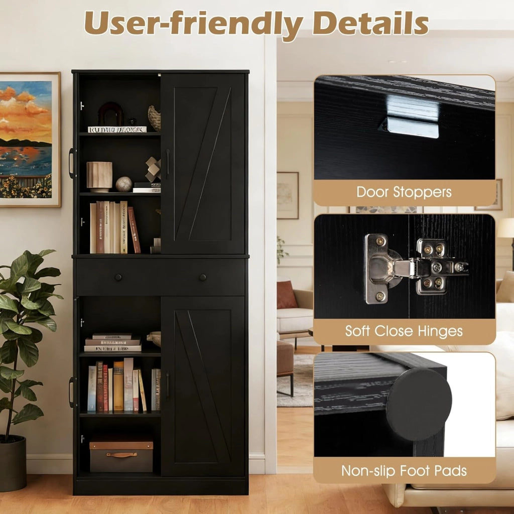 Credenza Alta da Cucina in Legno, 2 Armadi con Ante e 1 Cassetto, Mobile Buffet con 3 Ripiani Regolabili, Mobiletto Multiuso per Soggiorno, Sala da Pranzo, 77x39x183cm(In 2 Pacchi) (Nero)