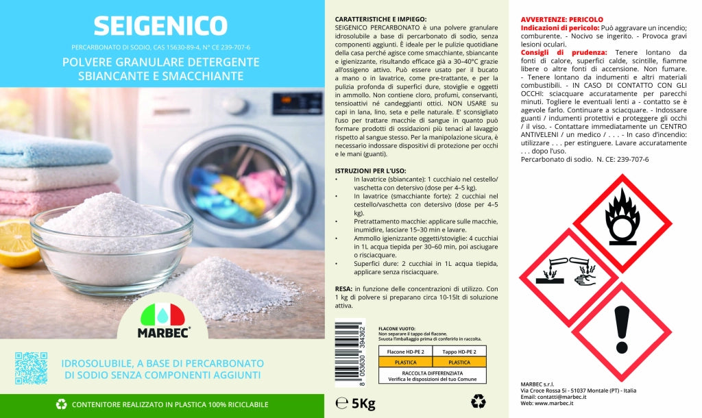 Percarbonato di sodio in polvere, smacchiante e sbiancante, igienizzante sopra i 50°C SEIGENICO 5KGx4PZ