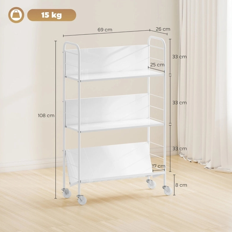 Libreria bianca 69x26x108 cm a 3 ripiani con ruote, struttura in metallo,