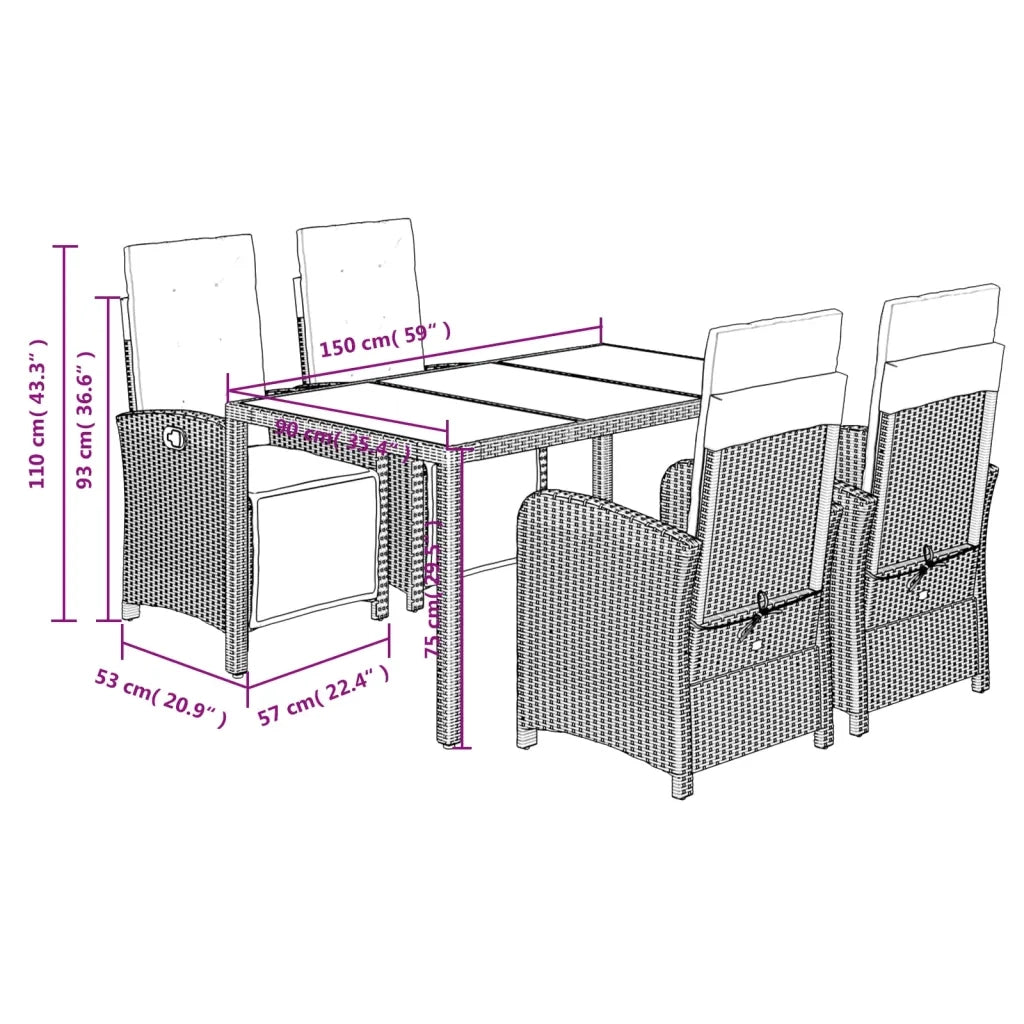 Set da Pranzo da Giardino 5 pz Nero con Cuscini in Polyrattan 3212458