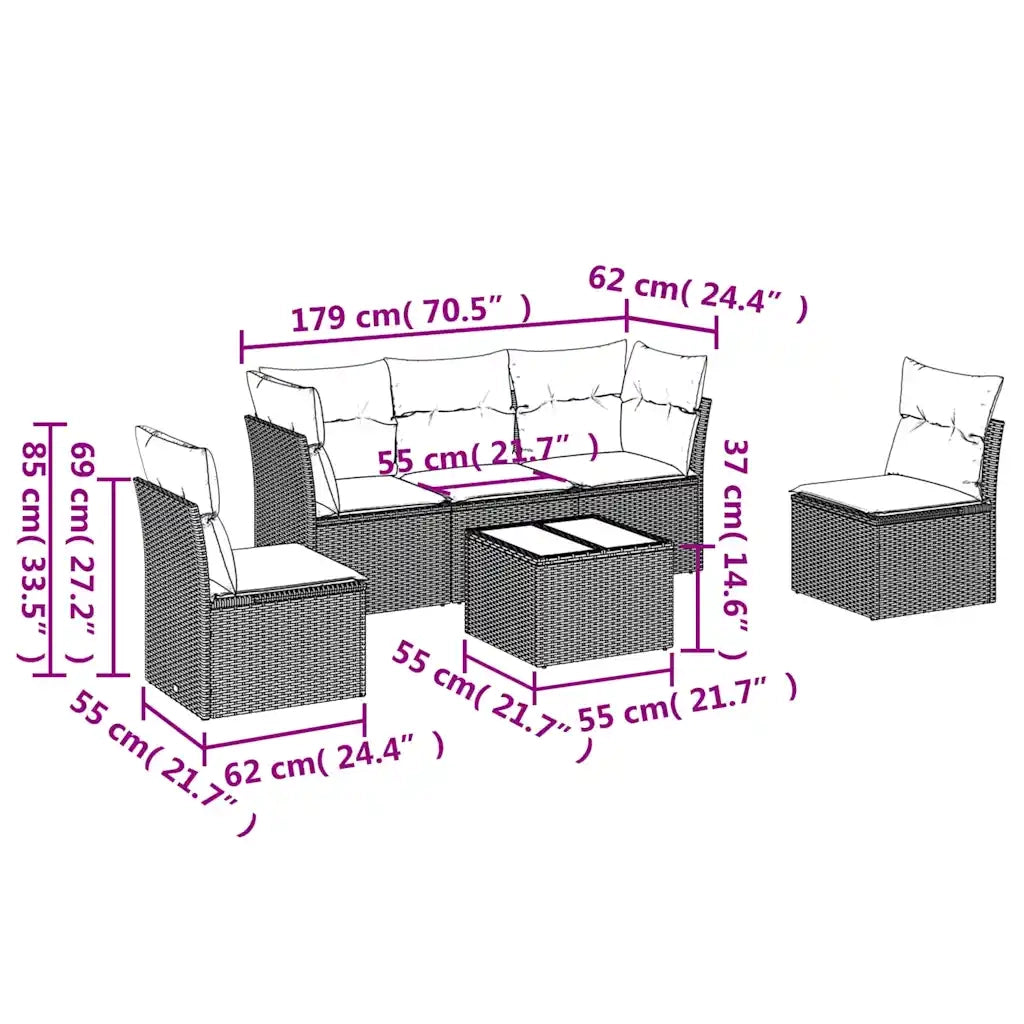 Set Divano da Giardino 6 pz con Cuscini Marrone in Polyrattan 3249202