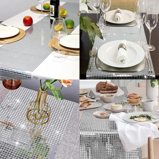 Tavolo da ballo decorativo con pailletti d'argento - Tema party disco - Tavolo da ballo 30 x 275 cm decorativo per discoteca anni '70/'80 - Decorazione per compleanni e feste da ballo