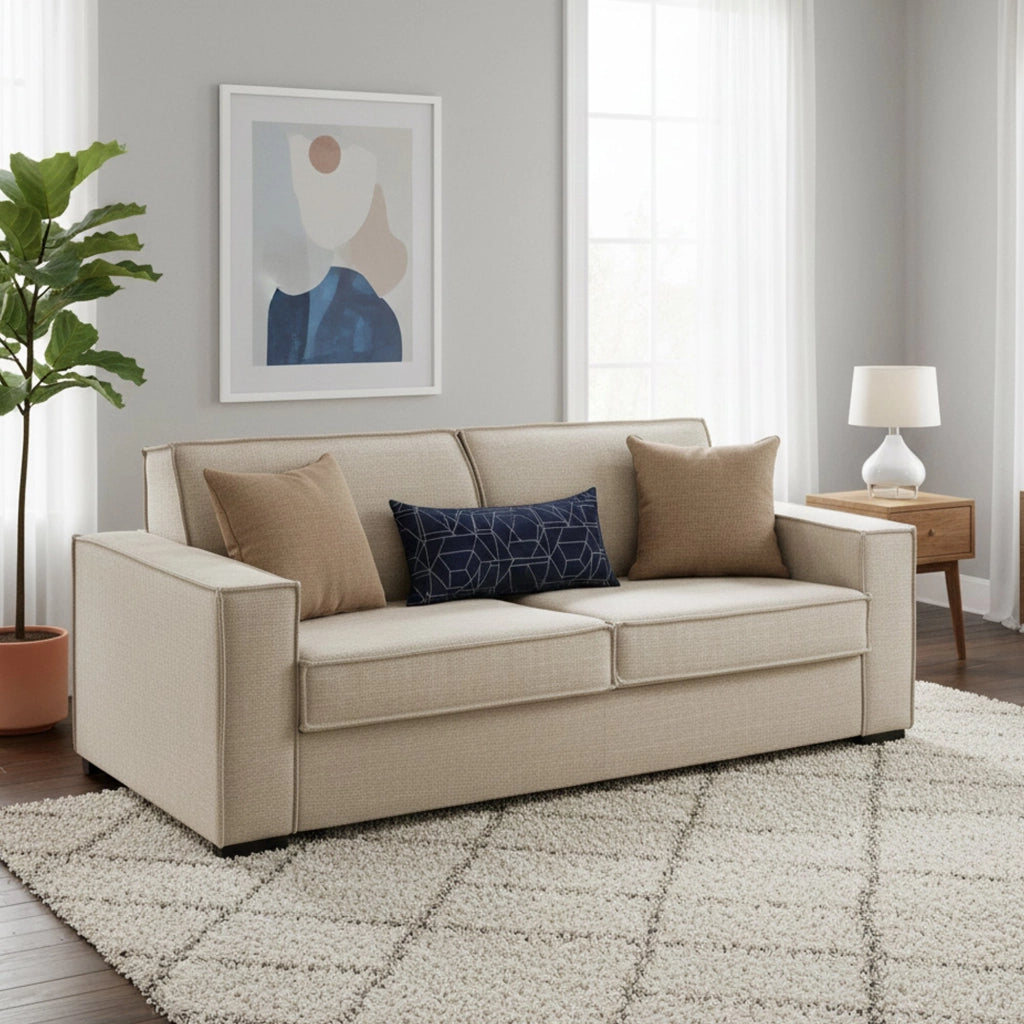 Divano Letto Asteroide, Divano a 3 posti, Made in Italy, SofÒ  Soggiorno con apertura girevole, in tessuto imbottito, con Braccioli standard, cm 220x95h90, Beige