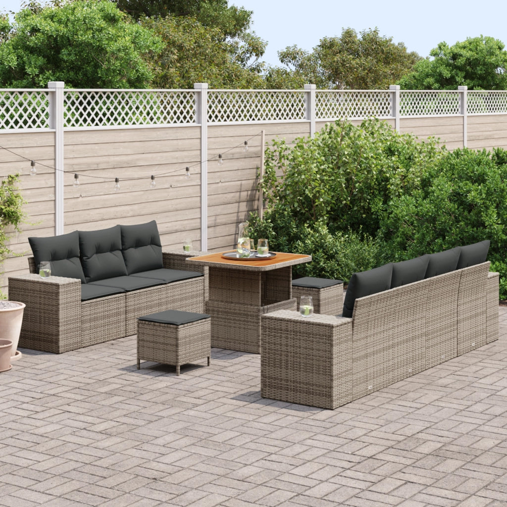 Set Divano da Giardino da 10 Pezzi con Cuscini Grigio Polyrattan Acacia