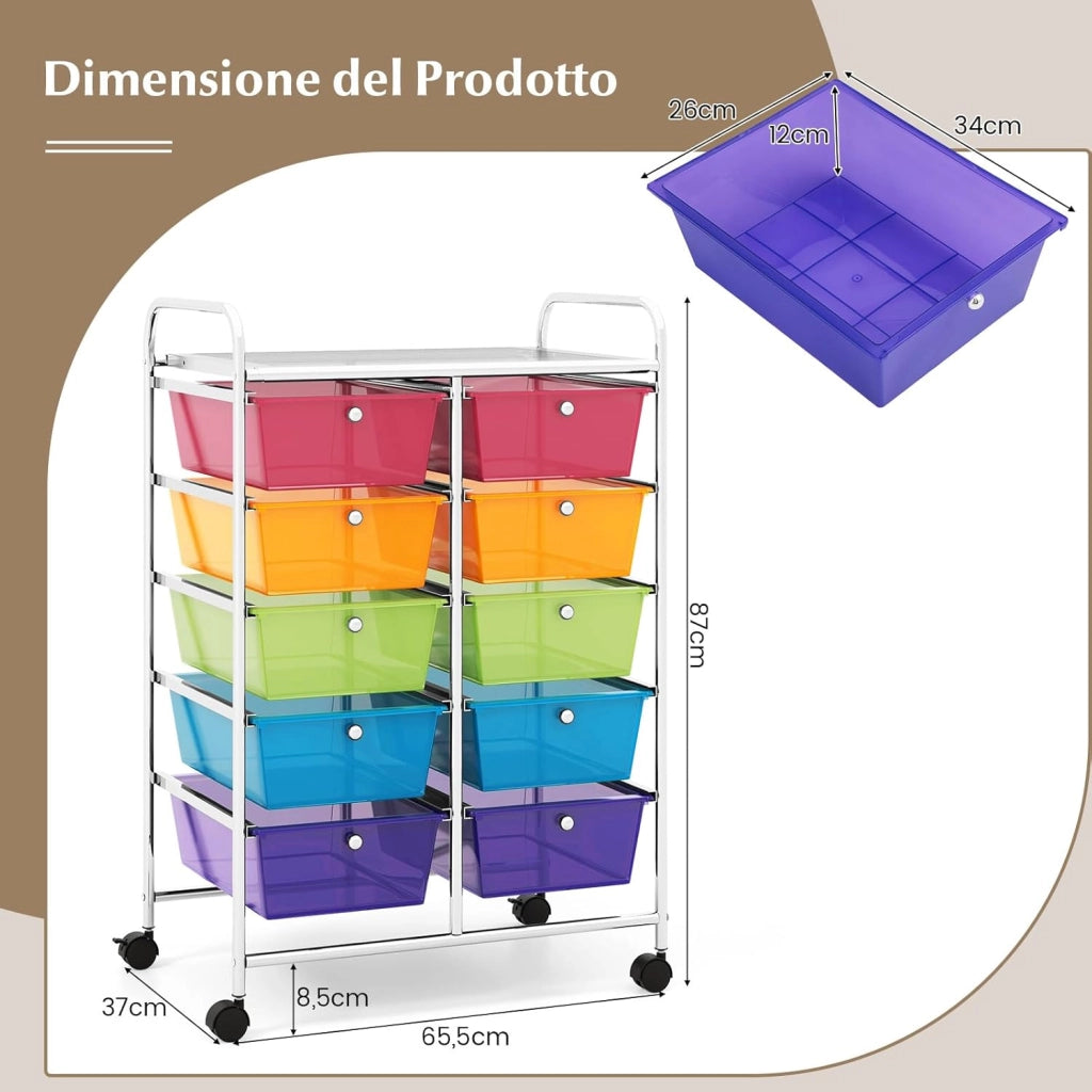Carrello a 10 Cassetti con Ruote, di Stoccaggio con Stabilità Elevata, Multiuso per Casa Ufficio e Scuola, 65,5 x 37 x 87 cm(Arcobaleno)