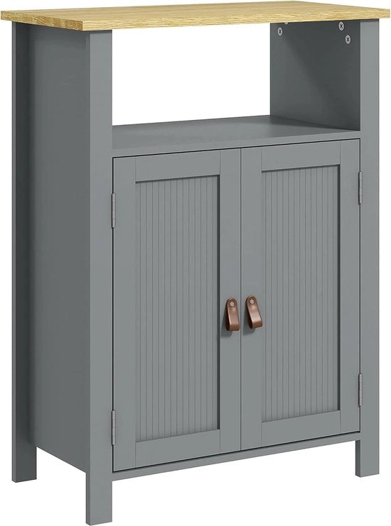 Arredamento bagno, più cassetti, grande nicchia, doppia porta, con tavolo in legno regolabile in altezza, grigio e naturale