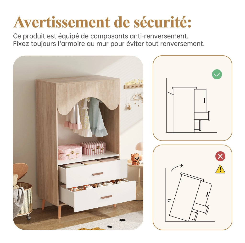 Armadio aperto per bambini con cassetti, bianco e legno