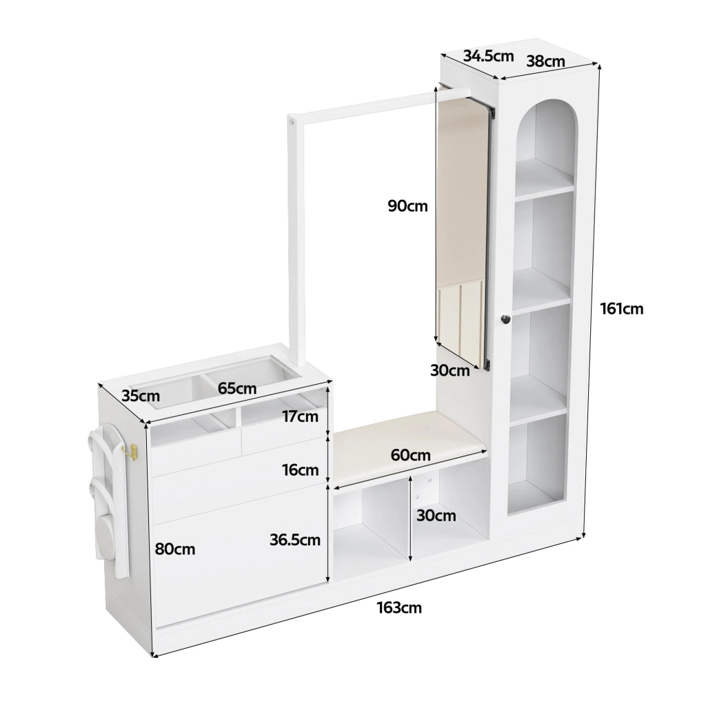 Mobile da ingresso con vetrina; toeletta; panca scarpiera; specchio girevole e LED; in pannello; 163 × 50 × 161 cm; Bianco