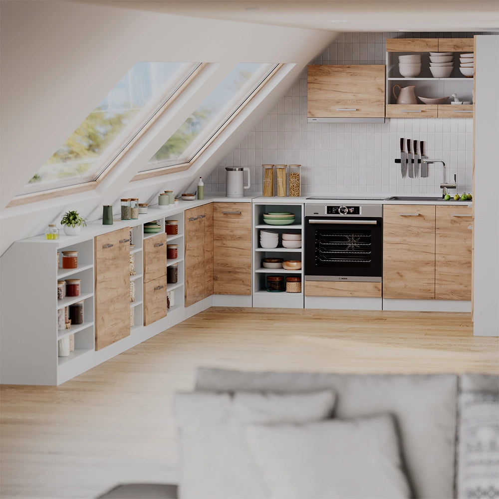 Mobile cucina sottotetto R-Line Rovere dorato/Bianco 120 cm Set di 2 carcasse armadio profondità 60 cm Vicco