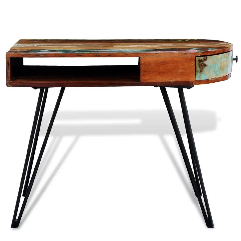 Scrivania per computer/tavolo da lavoro in legno massello riciclato con gambe a fuso in ferro 0502087