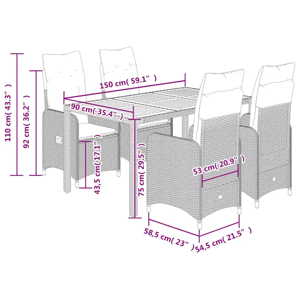 Set BistrÃ² da Giardino 5 pz con Cuscini in Polyrattan Grigio
