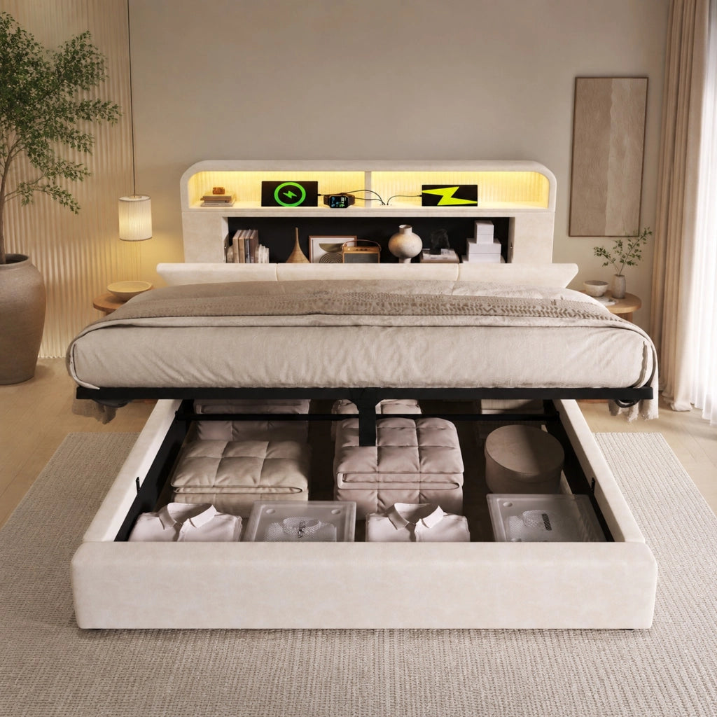 LETTO Matrimoniale 140x200 cm in velluto beige con testiera regolabile, LED e USB/Type-C