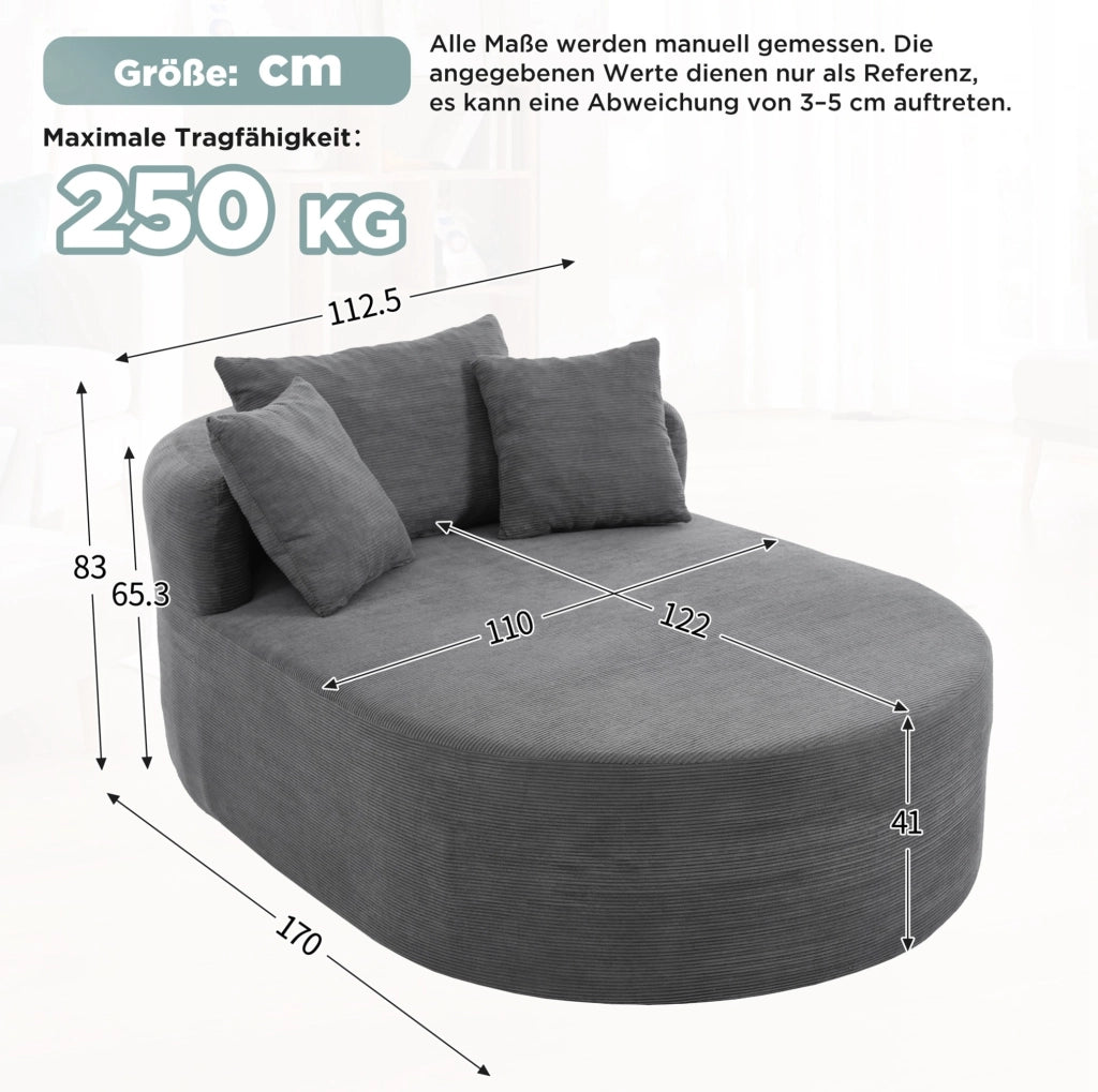 Poltrona relax ovale compatta in tessuto corduroy grigio scuro; 170 x 112;5 x 83 cm