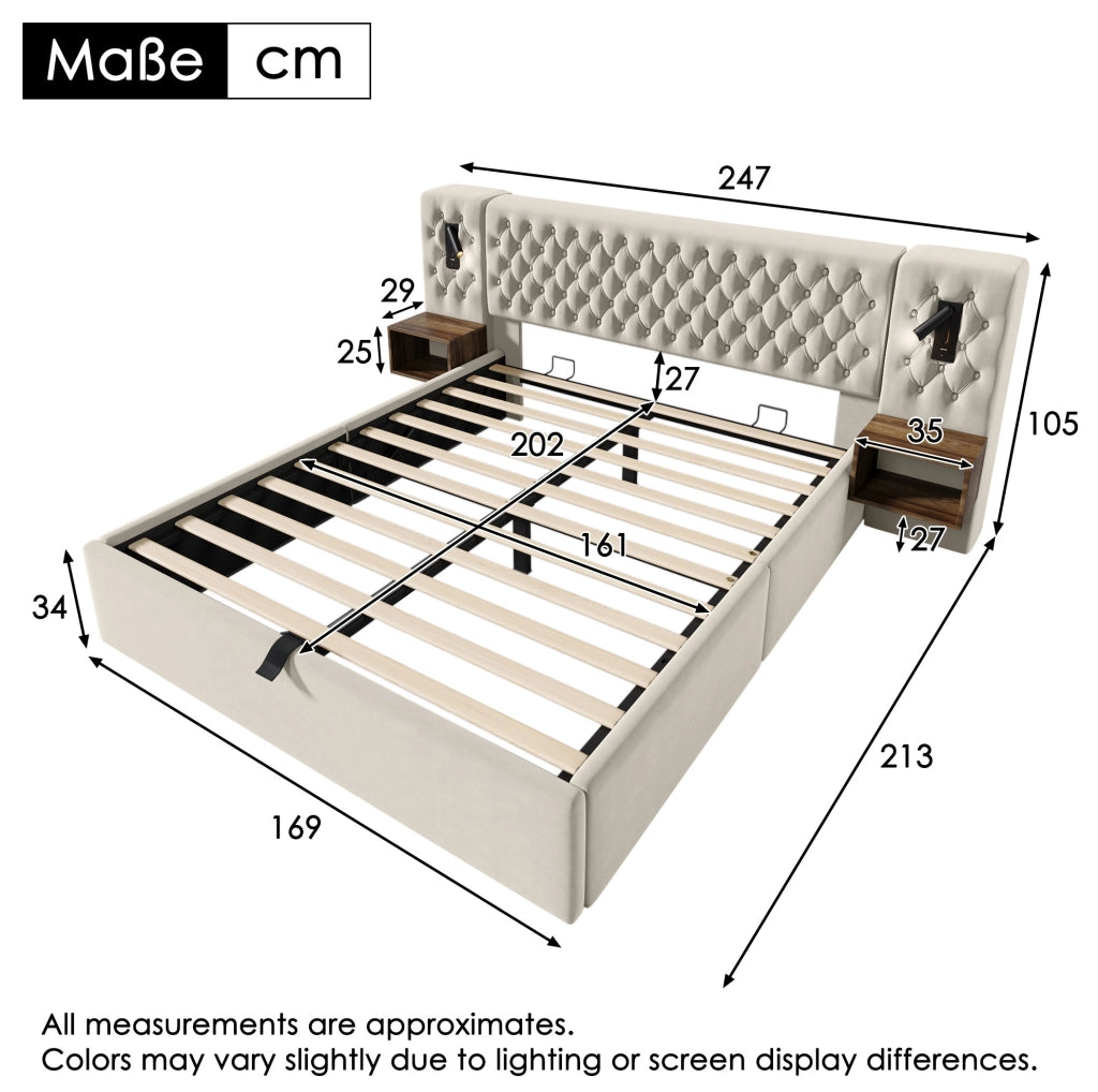 Letto matrimoniale 160x200 cm con contenitore idraulico; 2 comodini; luci lettura e porte USB; beige in velluto