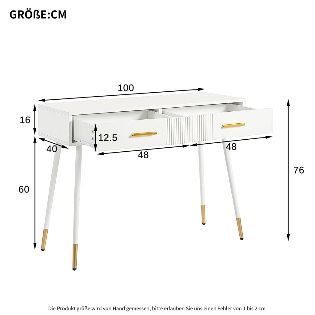 Tavolo da toeletta 100x40x76 cm con 2 cassetti; bianco