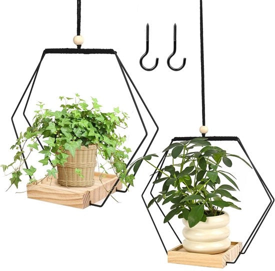 Set di due fioriere appese, contenitore per piante appeso con piede in legno, vaso per piante appeso nero, inclusa gruccia per appese fioriere per piante di interni ed esterni, patio, balconi, piante grasse e soffitti.