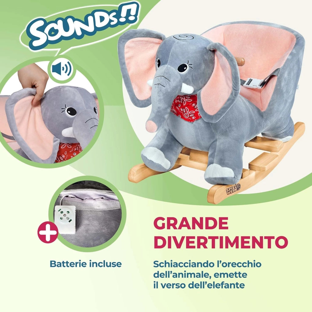 Elefante di Peluche a Dondolo in Legno con Suoni Cintura di Sicurezza Giochi Infanzia Bambini Giocattolo Regalo