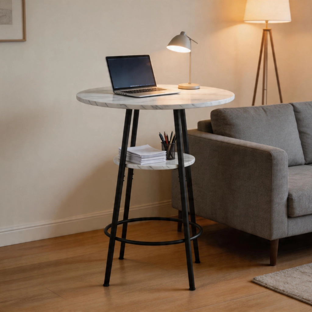 Tavolo bar ULEVR ?60 cm con ripiano centrale, effetto marmo bianco e struttura in metallo nero